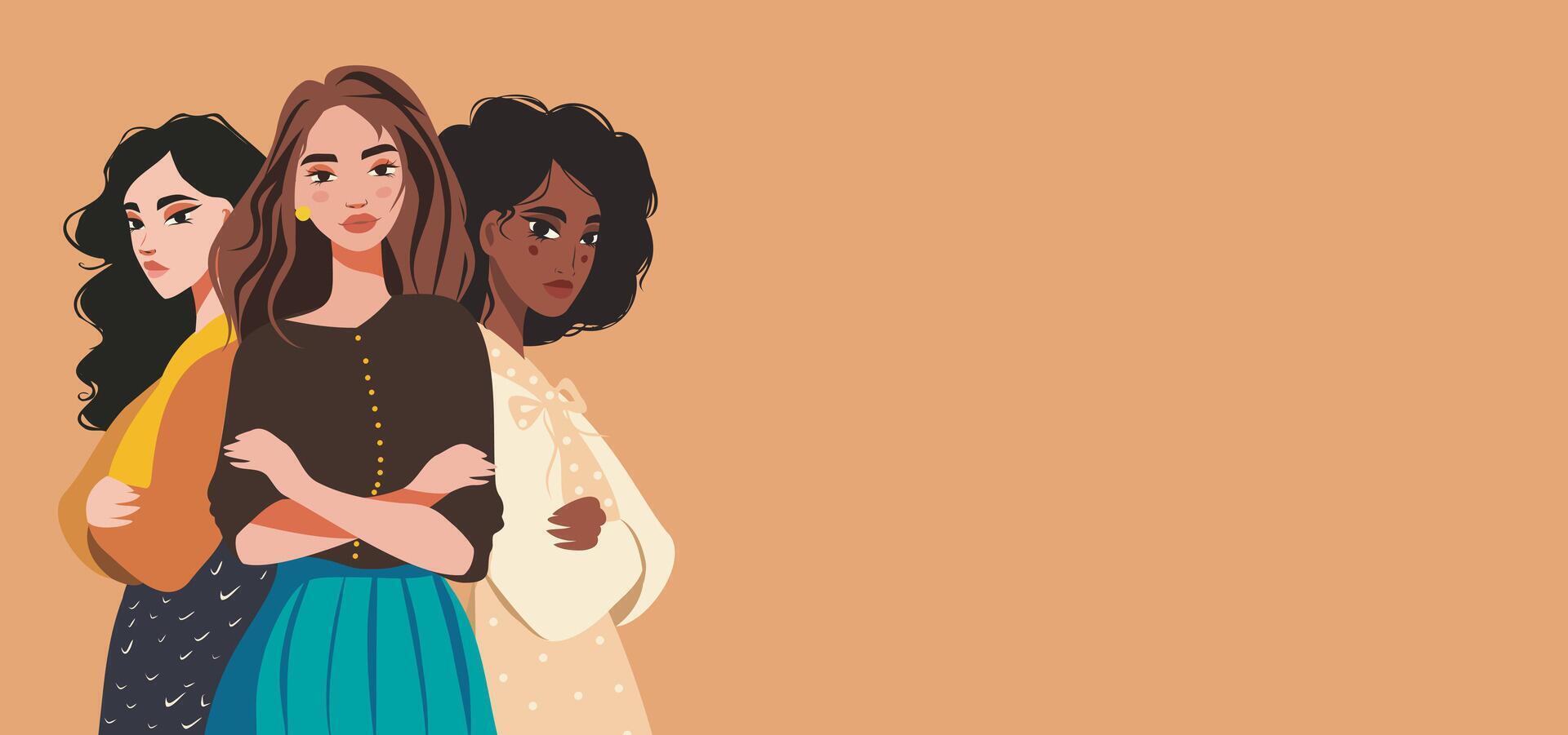 horizontal flat banner, space for text, young women of different nationalities, skin color, culture standing together. concept of movement for gender equality and women's empowerment vector