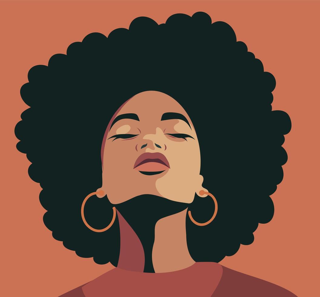 portrait flat style, woman girl looking up, dark skin color, afro hairstyle, afro-american. concept of movement for gender equality and women's empowerment vector