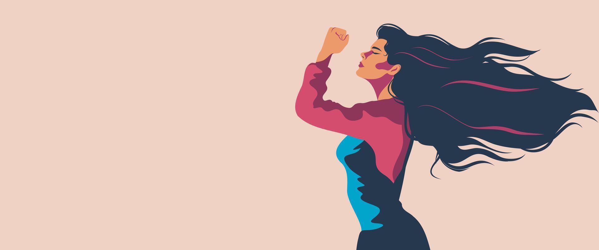 illustration, women's day, banner with place for text, woman with long hair holds a fist and stands in a protest pose, feminism day, freedom struggle, protection of women's rights vector