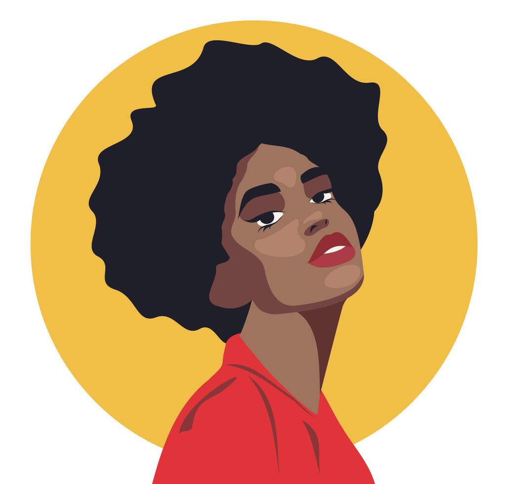 flat illustration portrait avatar of black African girl. Side pose. For social networks user profile, website and app design and development, user profile icons vector