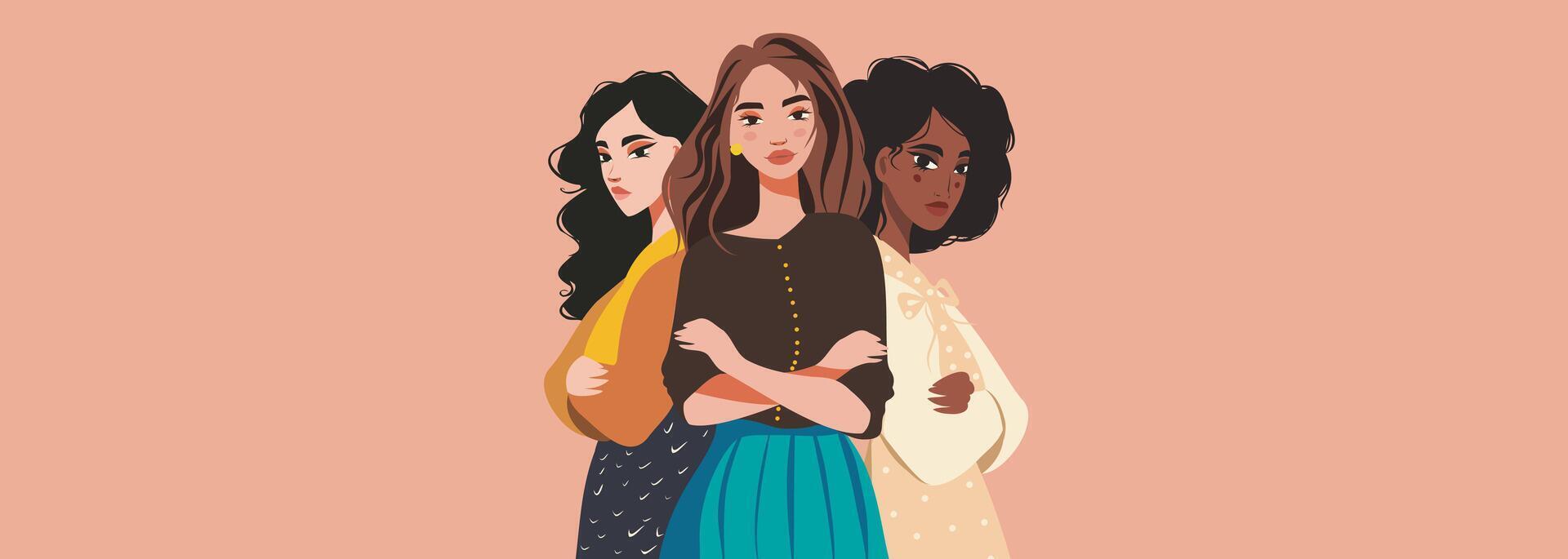 horizontal flat banner, space for text, young women of different nationalities, skin color, culture standing together. concept of movement for gender equality and women's empowerment vector