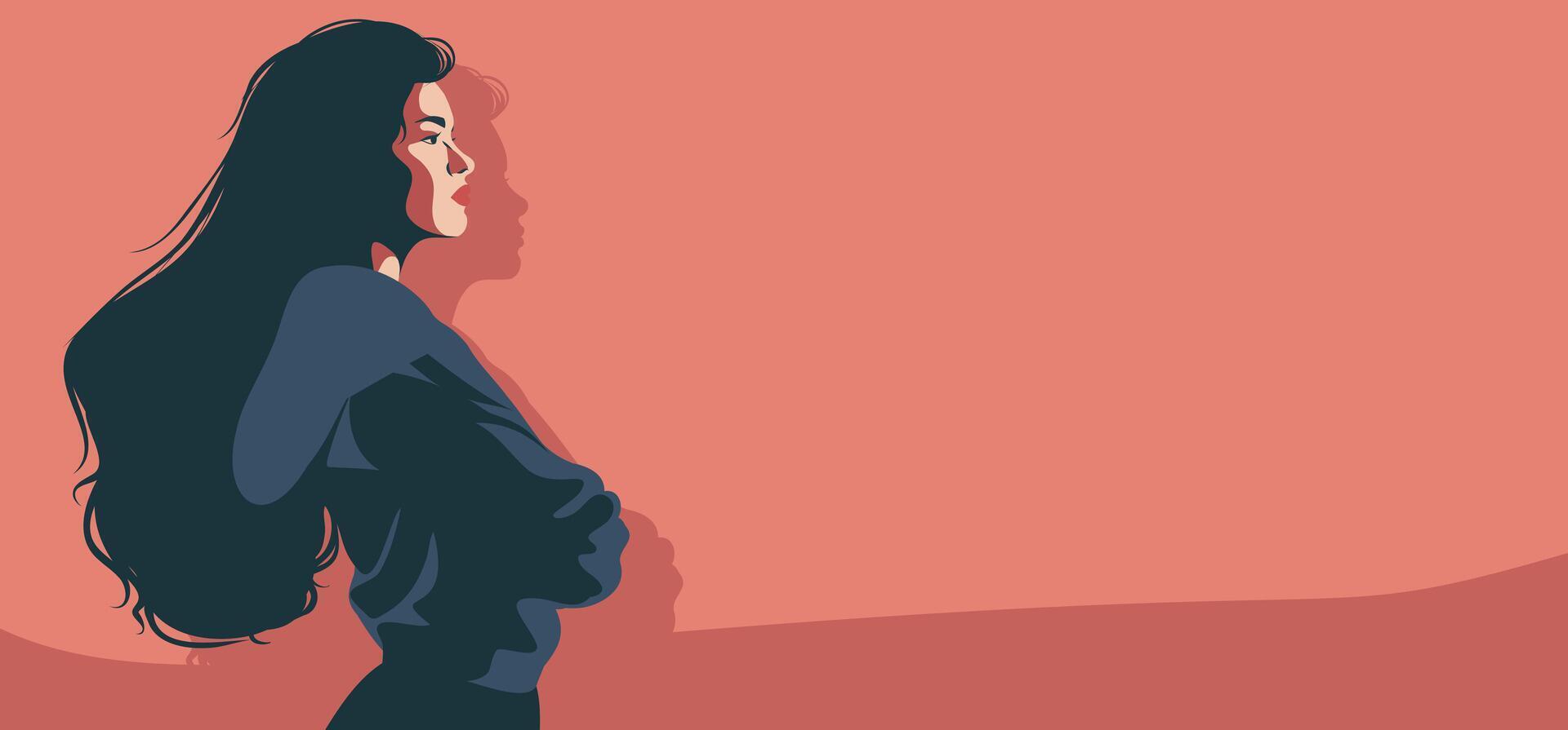 illustration, banner with place for text, women's day, a strict serious woman stands in a protest pose, the concept of feminism, the fight for freedom, the protection of women's rights vector
