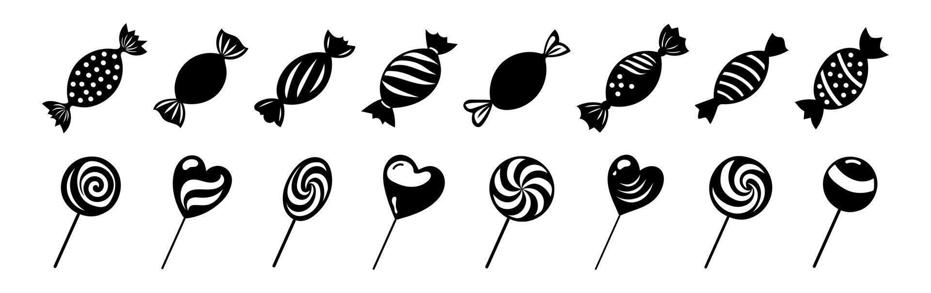 Set of black Silhouettes of Wrapped Candies and Lollipops Isolated on a White Background. Concept of Sweet Treats, Confectionery Illustrations, Minimalist Candy Designs, Fun Sweets Icons vector