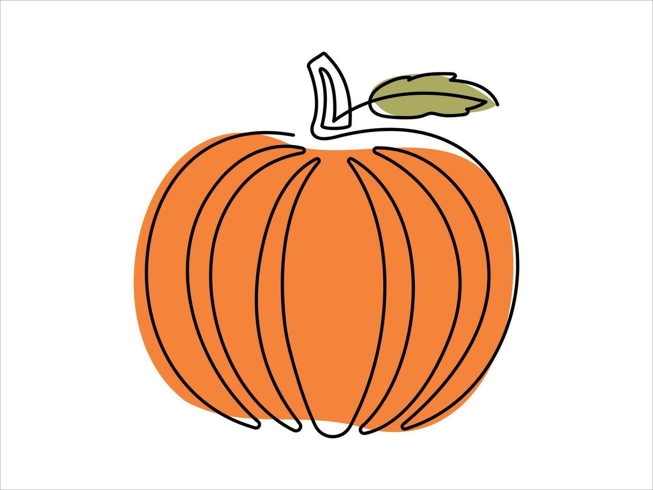 Pumpkin in continuous one-line drawing style with green leaves, isolated on a white background. Concept of autumn, harvest season, Halloween decor, Thanksgiving, minimalist line art vector