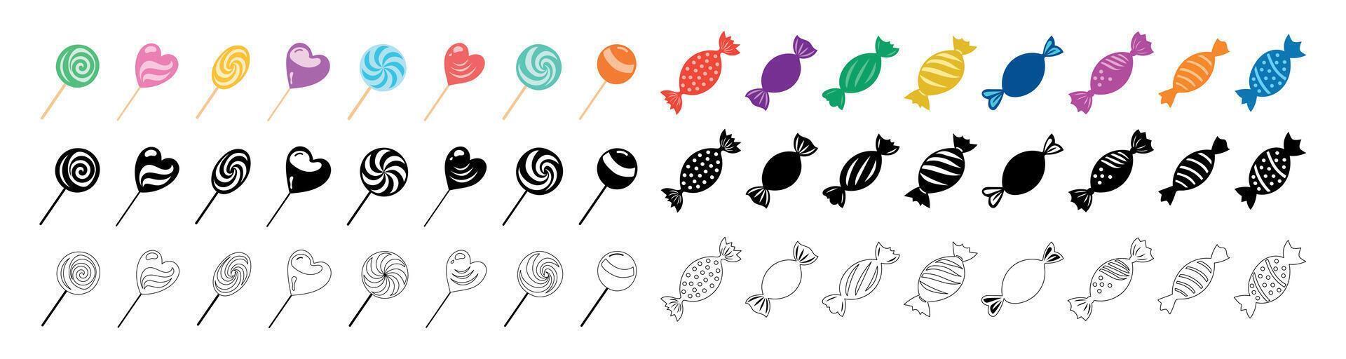 Wrapped Candies and Lollipops Big Collection isolated on White Background. Black silhouettes, outlines, and colored versions. Concept of Sweet Treats, Confectionery, Minimalist style. Design Elements vector