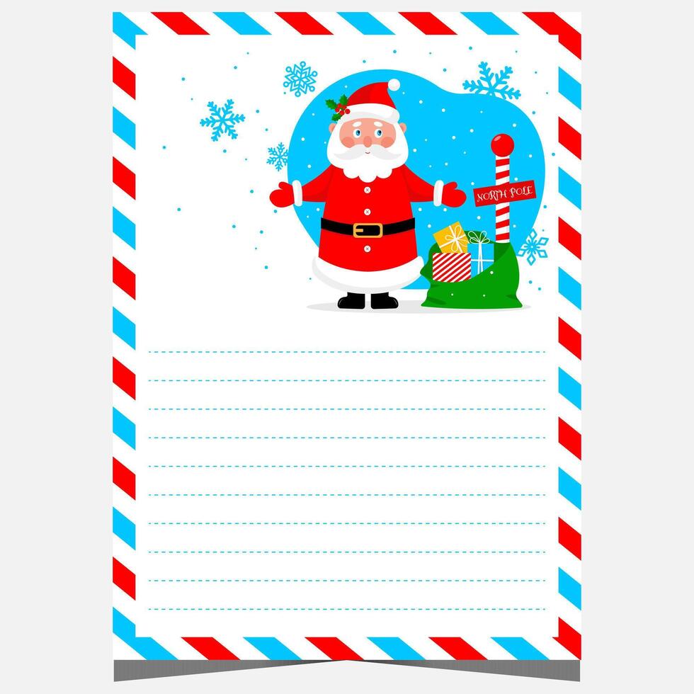Christmas letter or wish list blank template with empty lines to fill out by children. holiday postcard with snowflakes, airmail border frame, funny Santa character with gift bag. vector