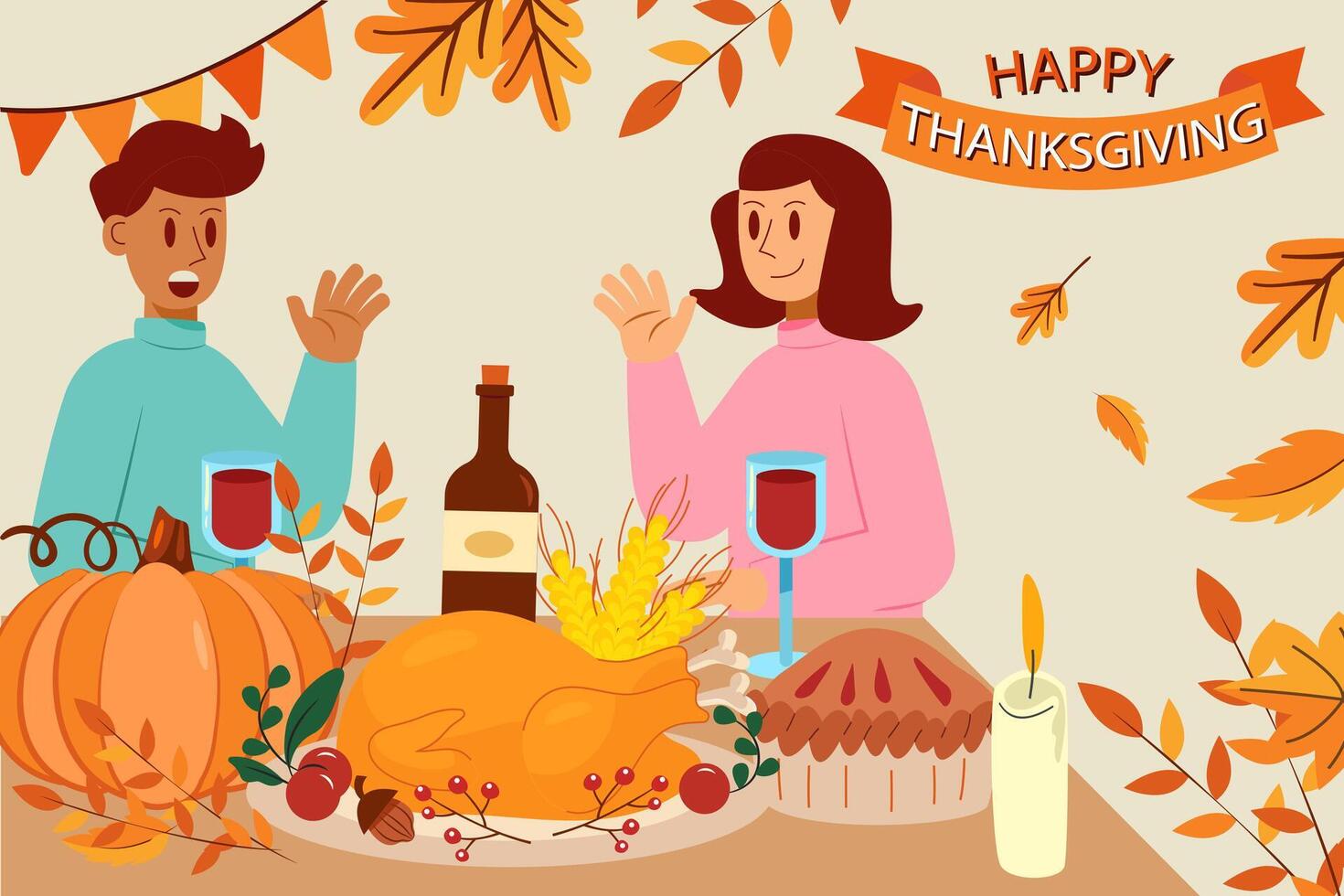 Happy thanksgiving day flat concept. Family celebrating Thanksgiving day and eating delicious food together. Delicious traditional holiday dishes on plates. Characters eat food to the festive table vector