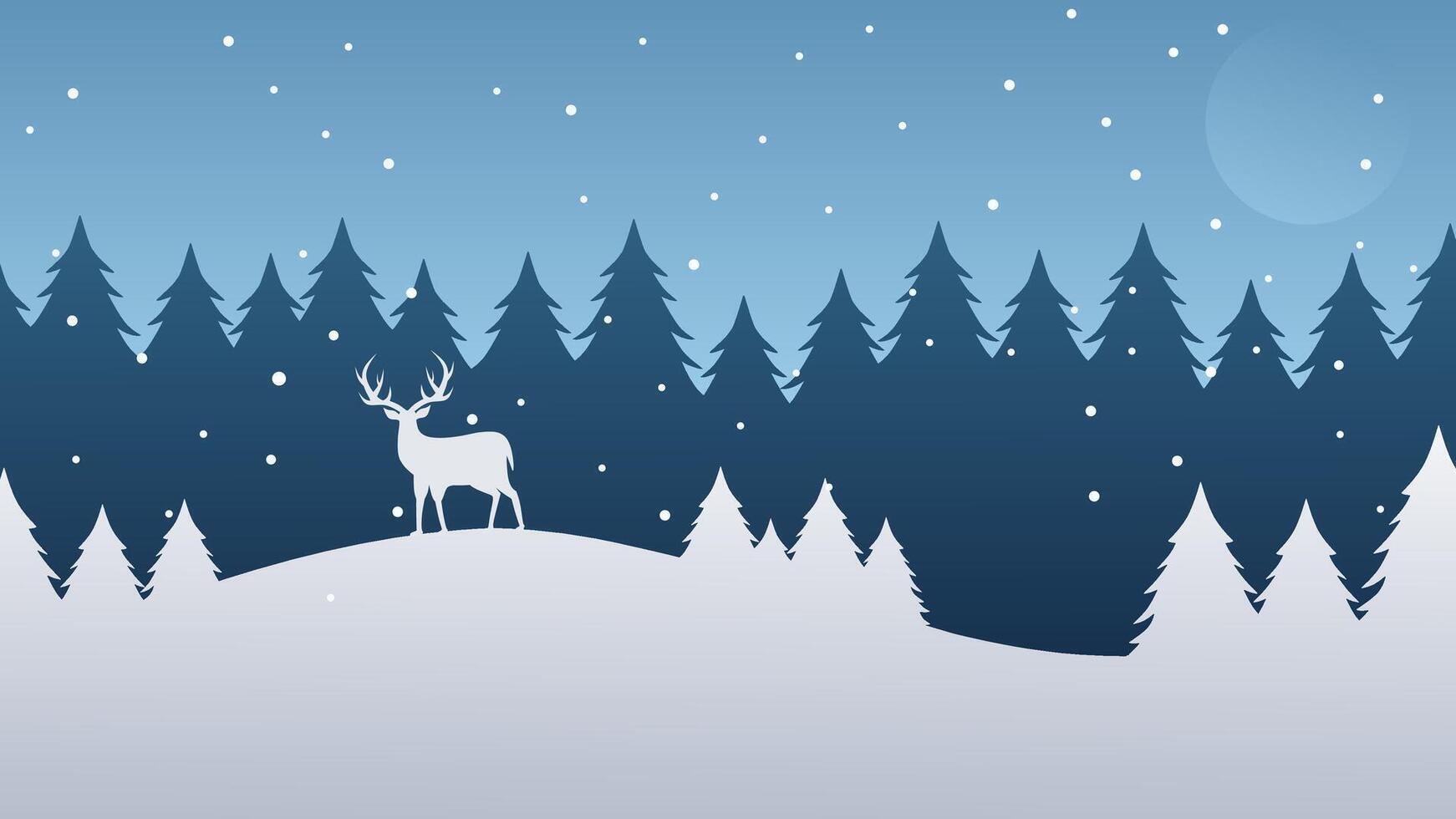 A serene winter forest scene featuring a silhouette of a deer on a snowy hill, surrounded by pine trees under a starry night sky. Perfect for holiday designs, winter themes, and seasonal projects. vector