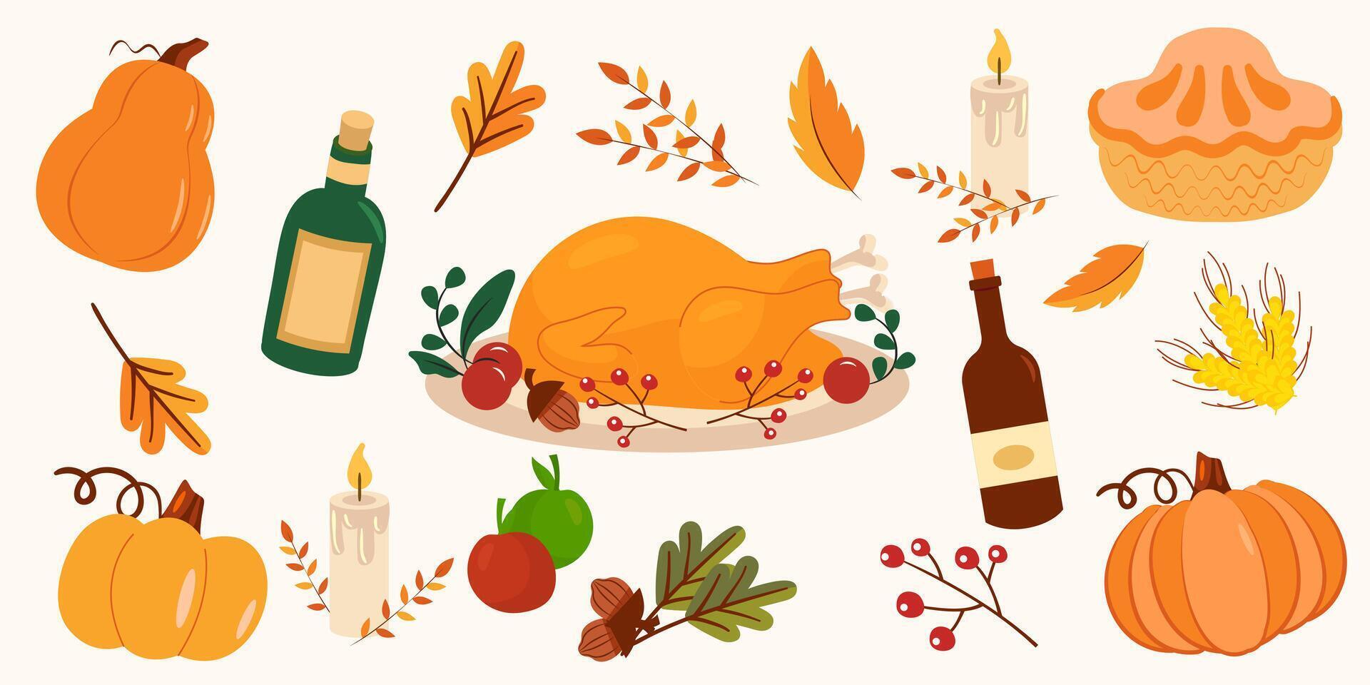 Happy Thanksgiving. illustration of turkey meat, food, wine, pie, autumn leaf, pumpkin, coffee, bagel, bun, set of icons for greeting card, party invitation or banner vector