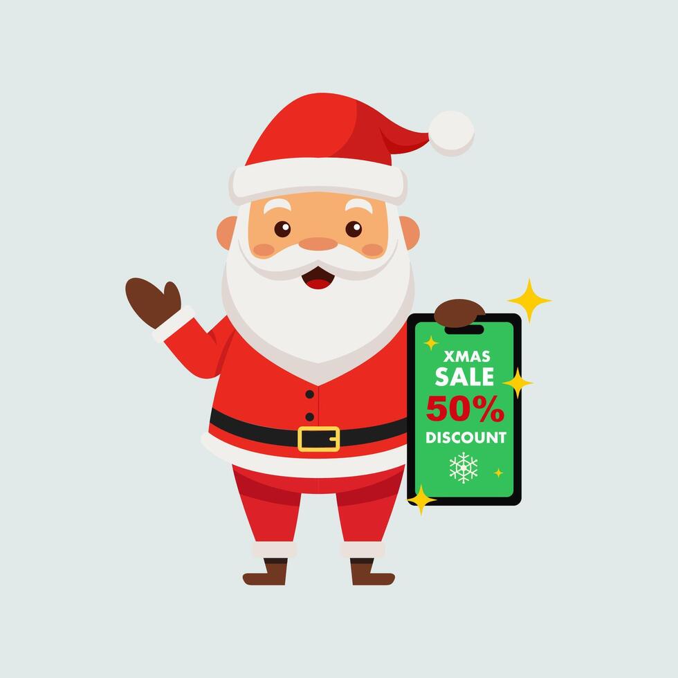 Cute Santa Claus Cartoon Character Holding Phone With Christmas Sale Text. Illustration Flat Design Isolated Background. vector
