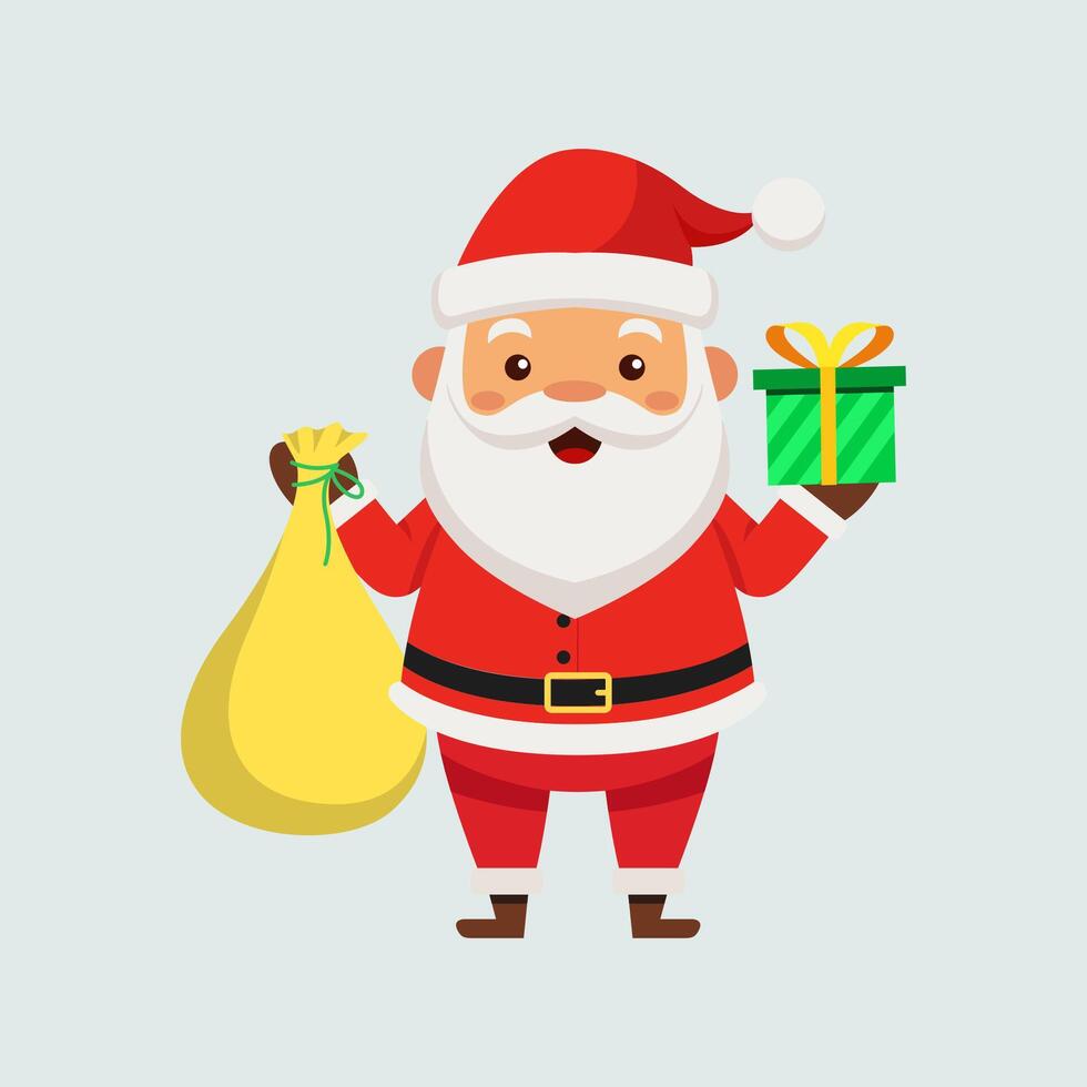 Flat design illustration in children's style. Cute Santa Claus holding a sack with gifts. Holiday illustration on white background vector