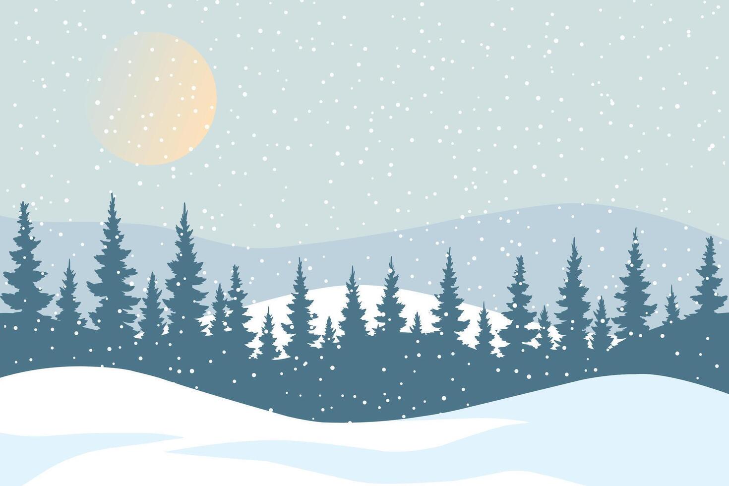 Winter mountains in snowy weather. Winter landscape of a forest against a background of mountains and snow. Winter nature illustration for Christmas design. Hike concept. vector