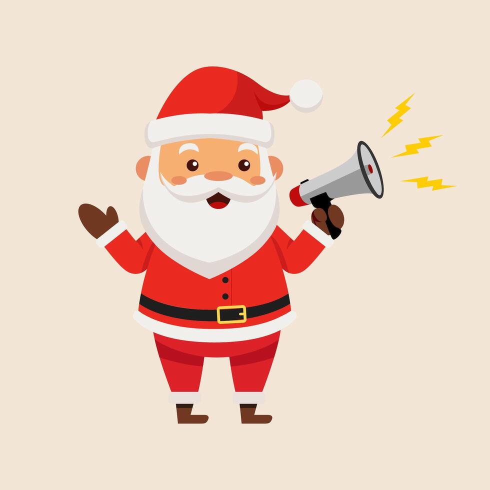 Santa Claus speaking in loud speaker or megaphone wishing happy winter holidays and greeting with Merry Christmas and New year. Santa character for banner, advertisement, website announcement isolated vector