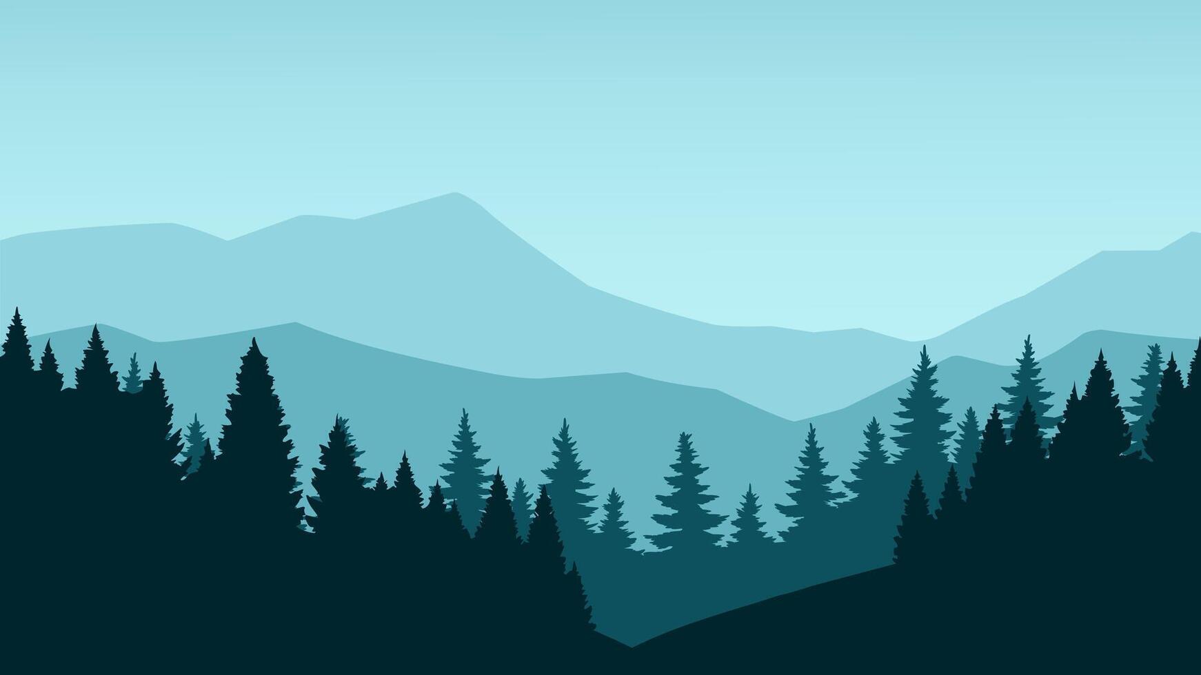 Silhouette of nature landscape. Mountains, forest in background. Blue and green illustration vector