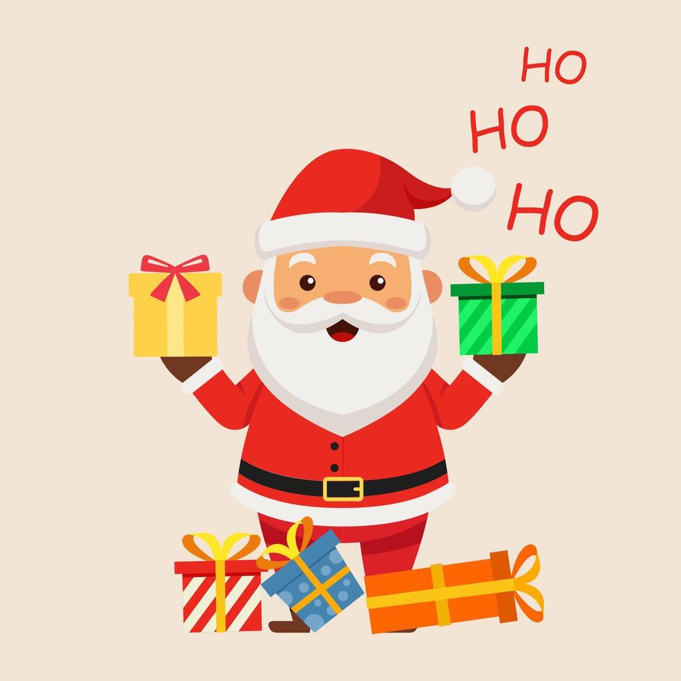 Christmas card colorful gift bag or box design with santa and ho ho ho text, flat design style illustration vector