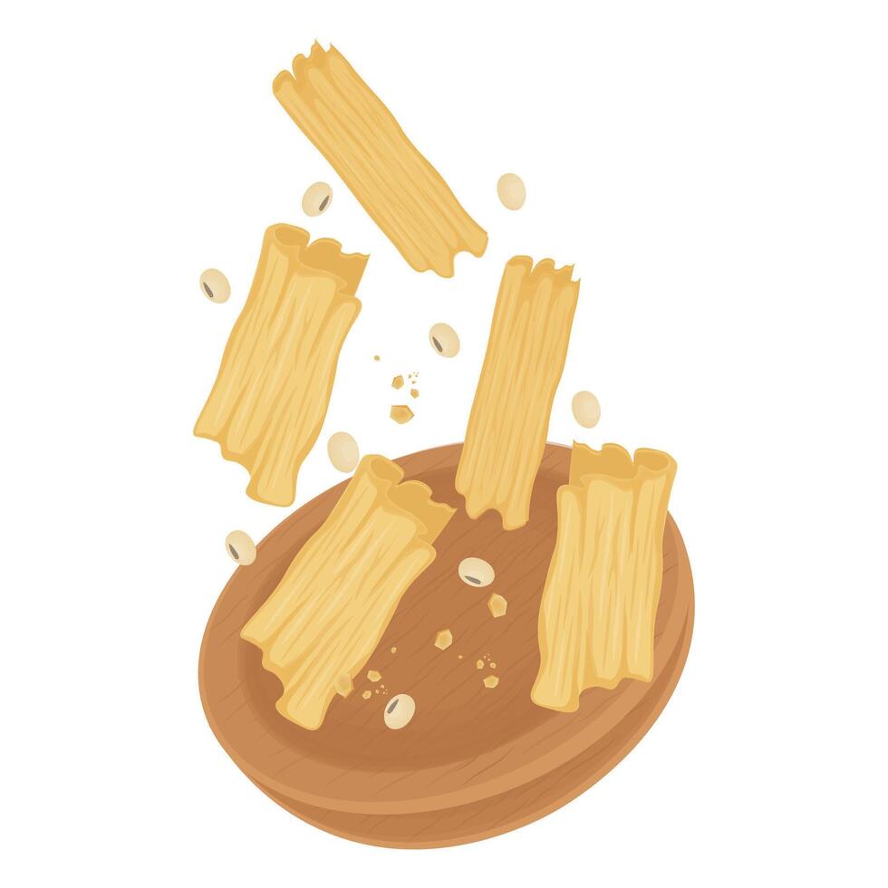 Illustration Logo Clipart Levitation Dry skin tofu or Japanese Yuba or bean curd sheet on a wooden bowl vector