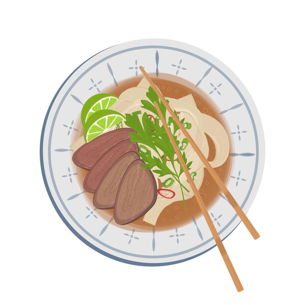 Illustration Logo Clipart Top VIew Vietnamese rice noodles with beef or Pho Noodles Pho bo With Chopstick vector