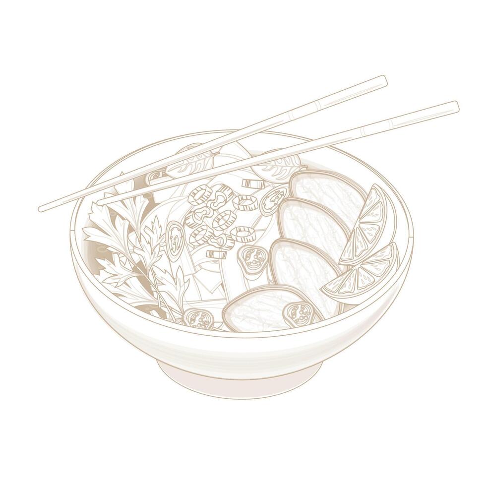 Illustration Logo Line art Vietnamese rice noodles with beef or Pho Noodles vector