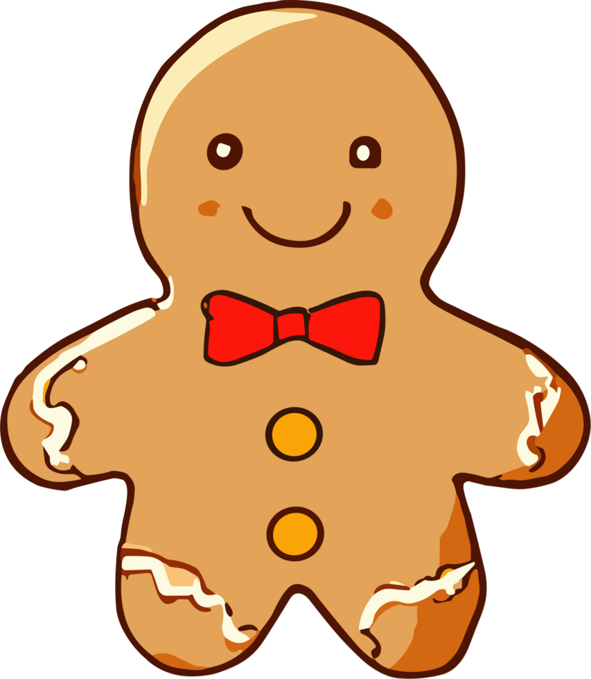 Smiling Gingerbread Man Clipart with Red Bow Tie. Transparent Background for Christmas Designs png