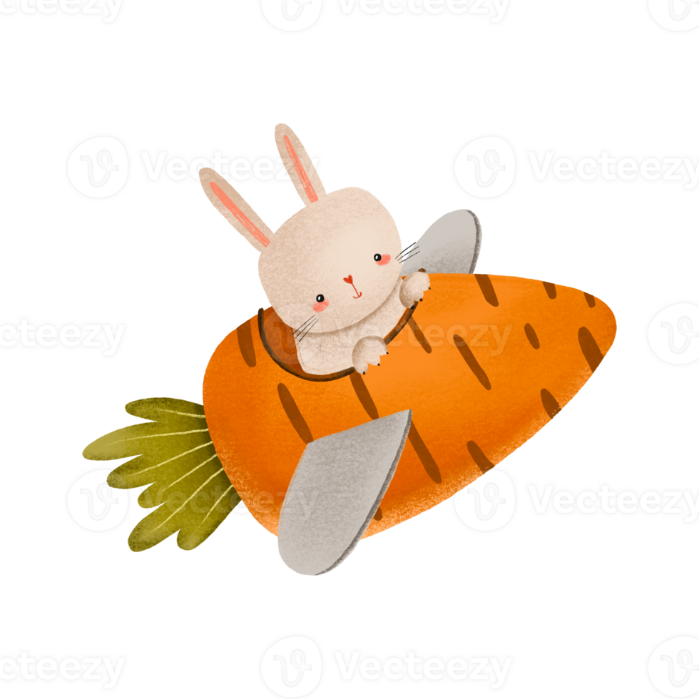 Rabbit fly on carrot spaceship. Transport. Cartoon easter illustration on isolated background. Kids design png