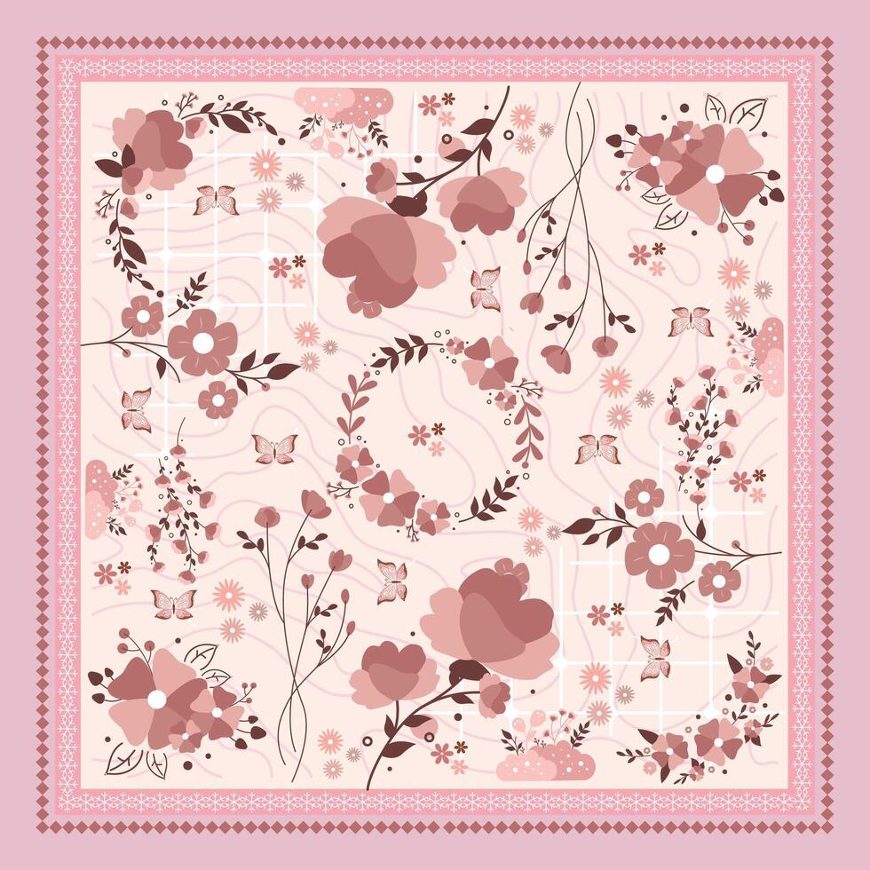 A pink square with flowers and butterflies vector