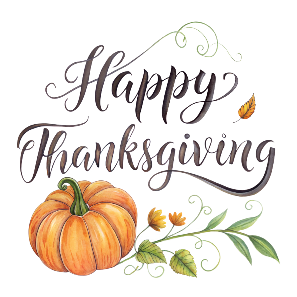 New Happy Thanksgiving typography art with autumn leaves background. png