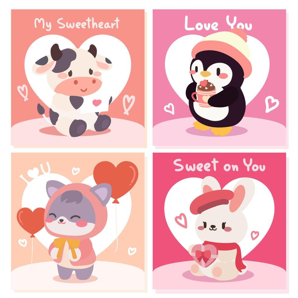 A kawaii collection of Valentines Day cards featuring adorable animals like a cow, penguin, cat, and bunny. Each design includes sweet love messages, hearts, and pastel tones. vector
