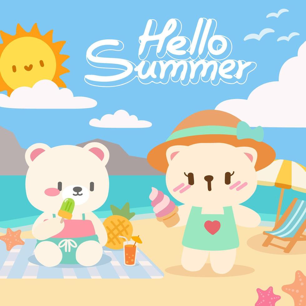 Adorable bear friends enjoying ice cream on the beach. A cheerful Hello Summer illustration featuring two adorable cartoon bears enjoying a sunny day at the beach. vector