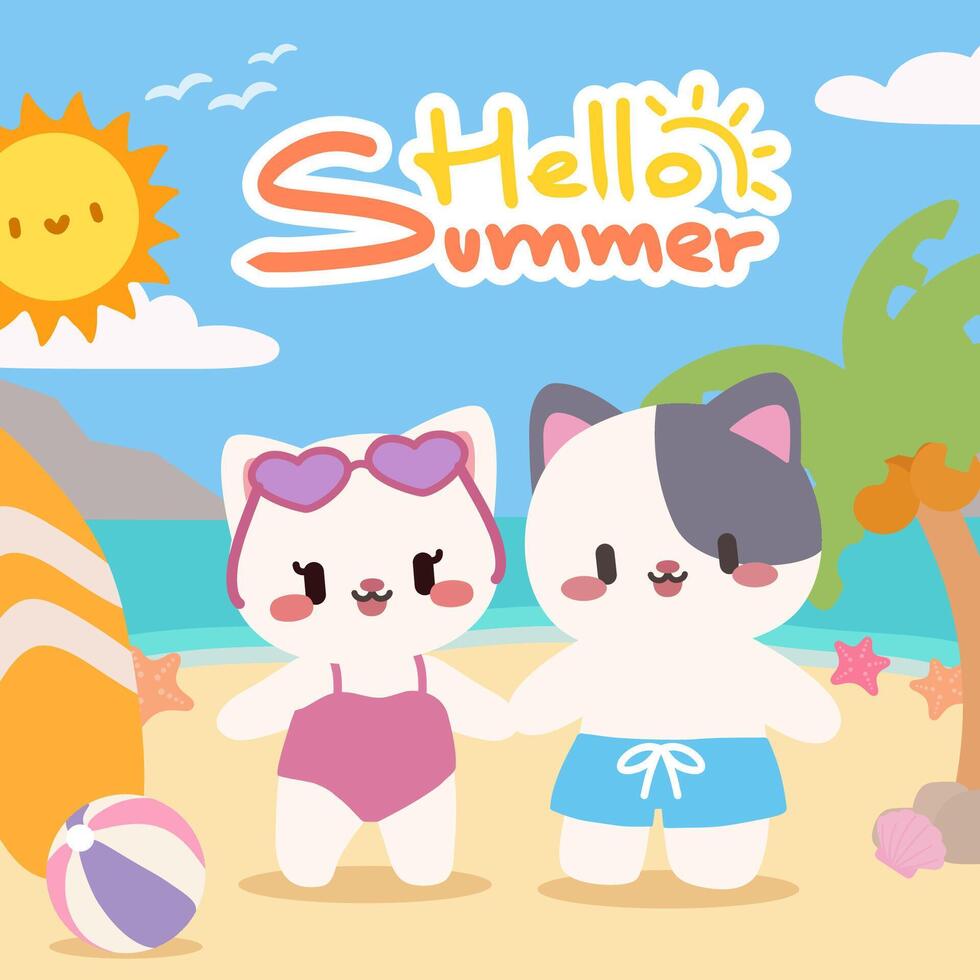 Adorable cats enjoying a fun summer beach day. A cheerful and colorful illustration featuring two adorable cartoon cats enjoying a day at the beach. vector