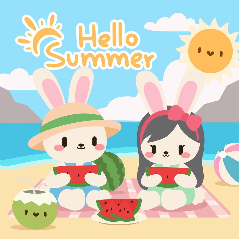 A delightful summer illustration of two cute cartoon bunnies enjoying a beach picnic with watermelon and coconut drinks under the sunny sky. vector