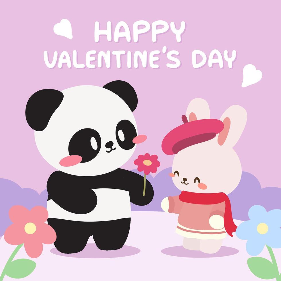 This delightful Valentines Day illustration features a kawaii panda presenting a flower to a blushing bunny against a pastel pink background. vector