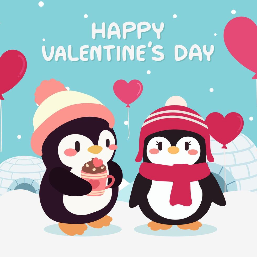 This cute Valentines Day illustration features an adorable penguin couple enjoying a snowy winter scene with heart shaped balloons, cozy hats, and a sweet festive atmosphere. vector