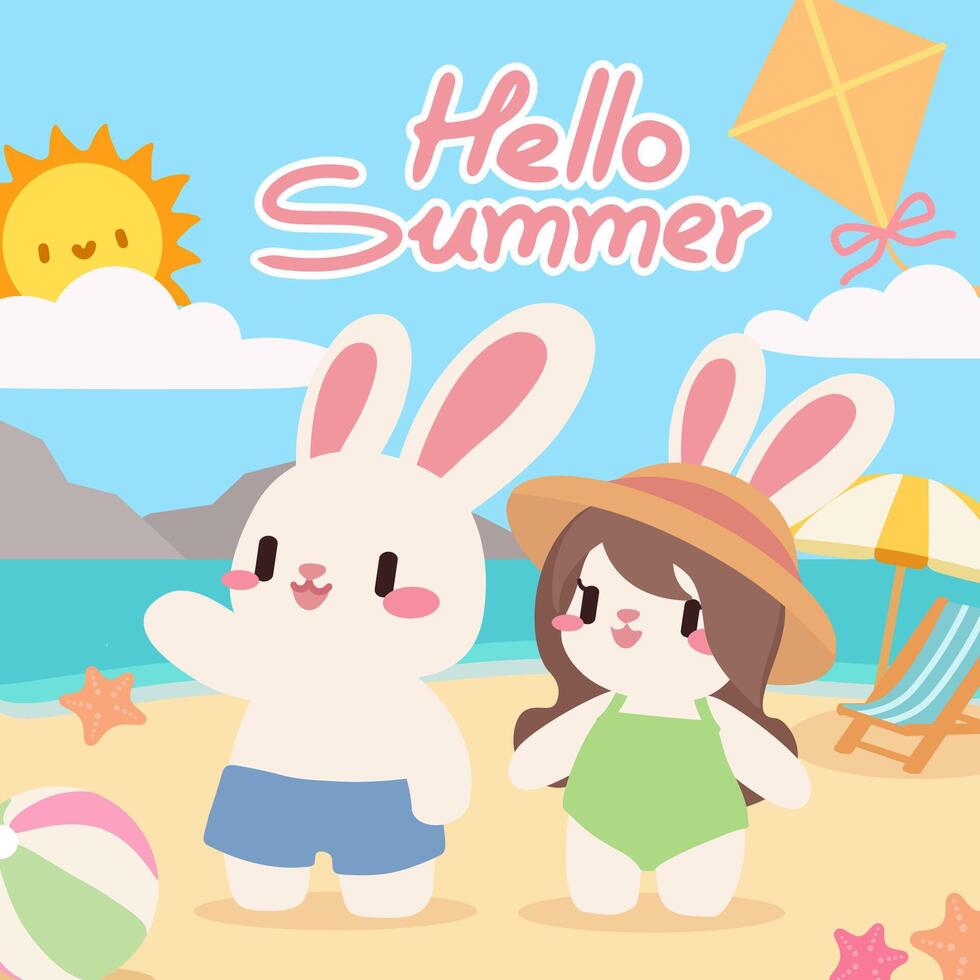 Adorable bunny friends enjoying a summer beach day. A cute illustration showcasing two adorable cartoon bunnies enjoying a day at the beach. vector