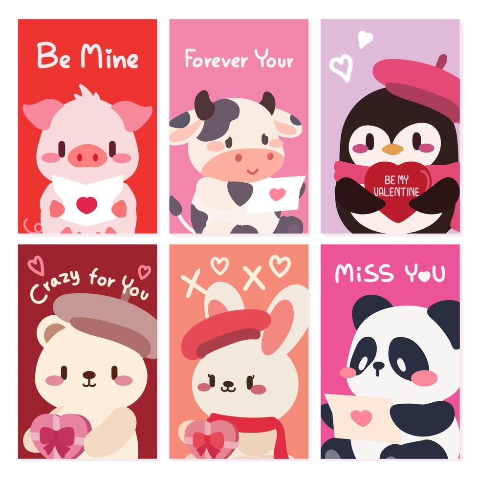 A collection of adorable Valentines Day cards featuring kawaii animal characters like a pig, cow, penguin, bear, bunny, and panda holding hearts and delivering love messages. vector