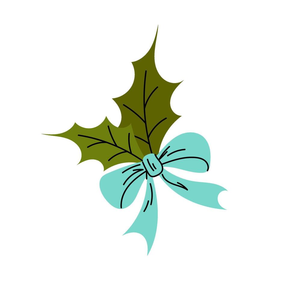 Blue bow with ilex leaves. Decorative Christmas element for cards, invitations, posters, packaging. vector