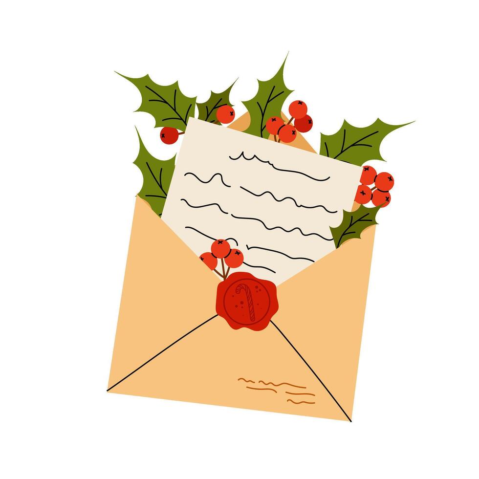 Letter. Paper envelope with note and ilex berries. Winter festive decor. Letter to Santa Claus. Flat illustration on white background. vector