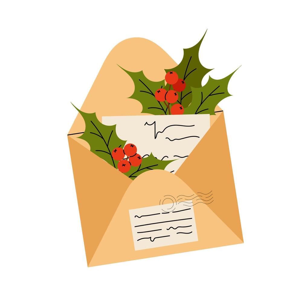 Open letter. Paper envelope with note and ilex berries. Winter festive decor. Letter to Santa Claus. Flat illustration on white background. vector
