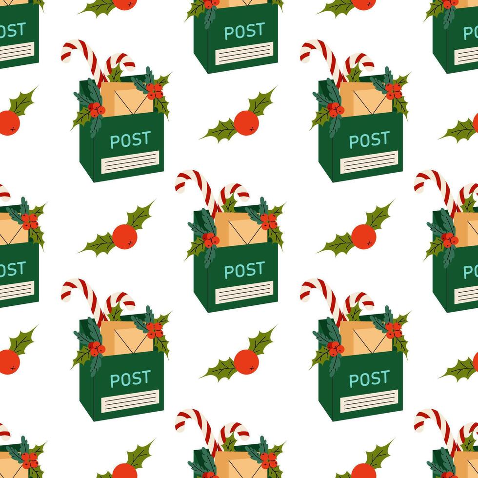 Letterbox, caramel cane and ilex berries. Christmas seamless pattern. For textile, wrapping paper, background. vector