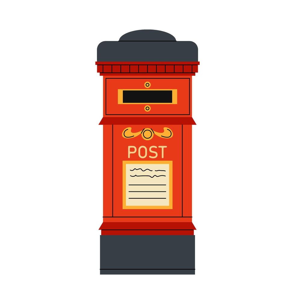 Postbox. Vintage red coloured metal box for letters and postcards. Flat illustration on white background. vector