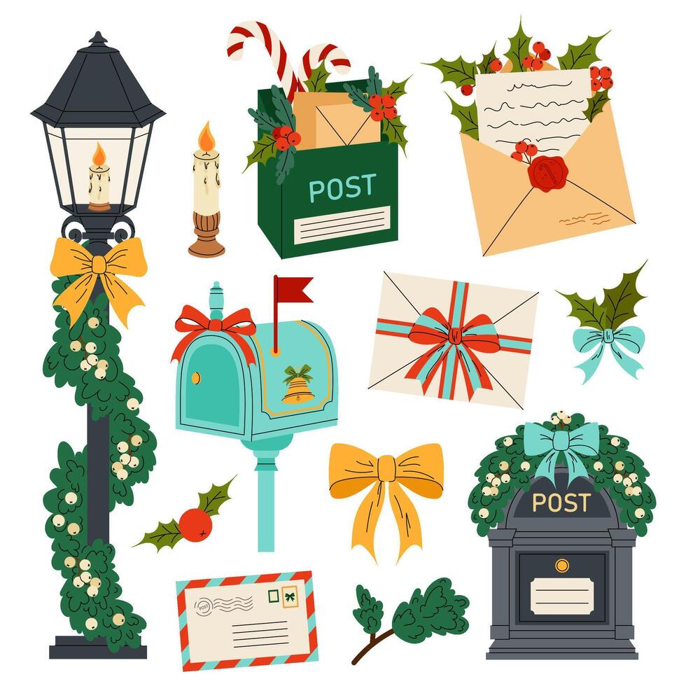 Post. Set festive decorations. Street lamp, different mailboxes, letters. Flat illustration for cards, backgrounds, patterns, posters, invitations. vector