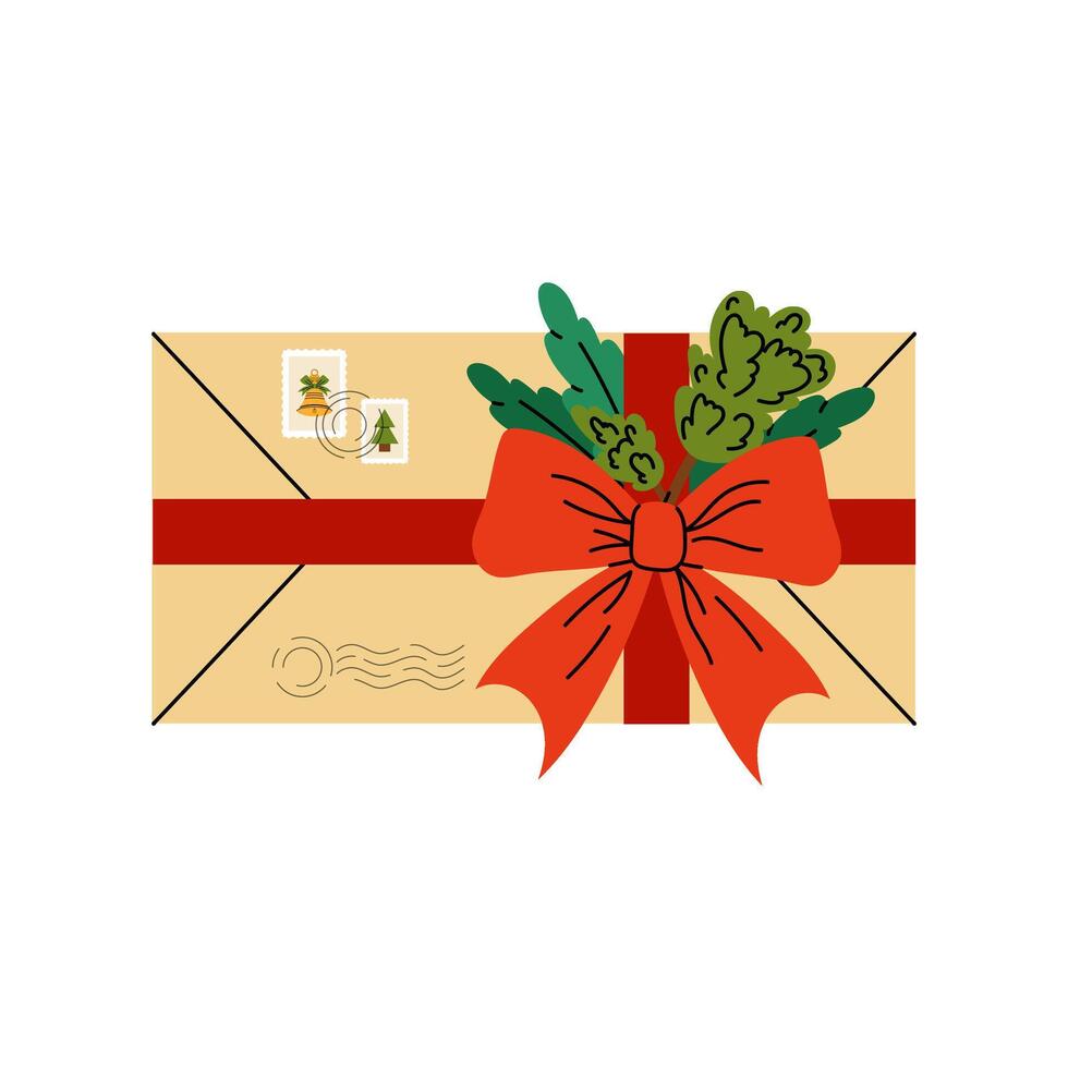 Letter. Paper envelope tied with a red bow. Letter with marks and stamp. Holiday message, postcard, parcel. Flat illustration on white background. vector