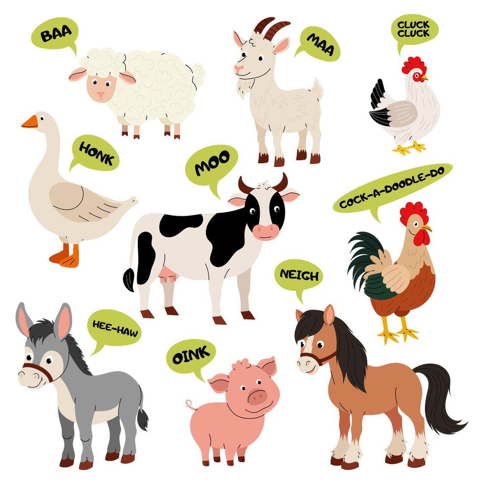 Domestic animals. Farm. What sounds animals make. Illustration of goat, cow, hen, goose, sheep, piglet, horse, donkey, rooster in flat style. vector