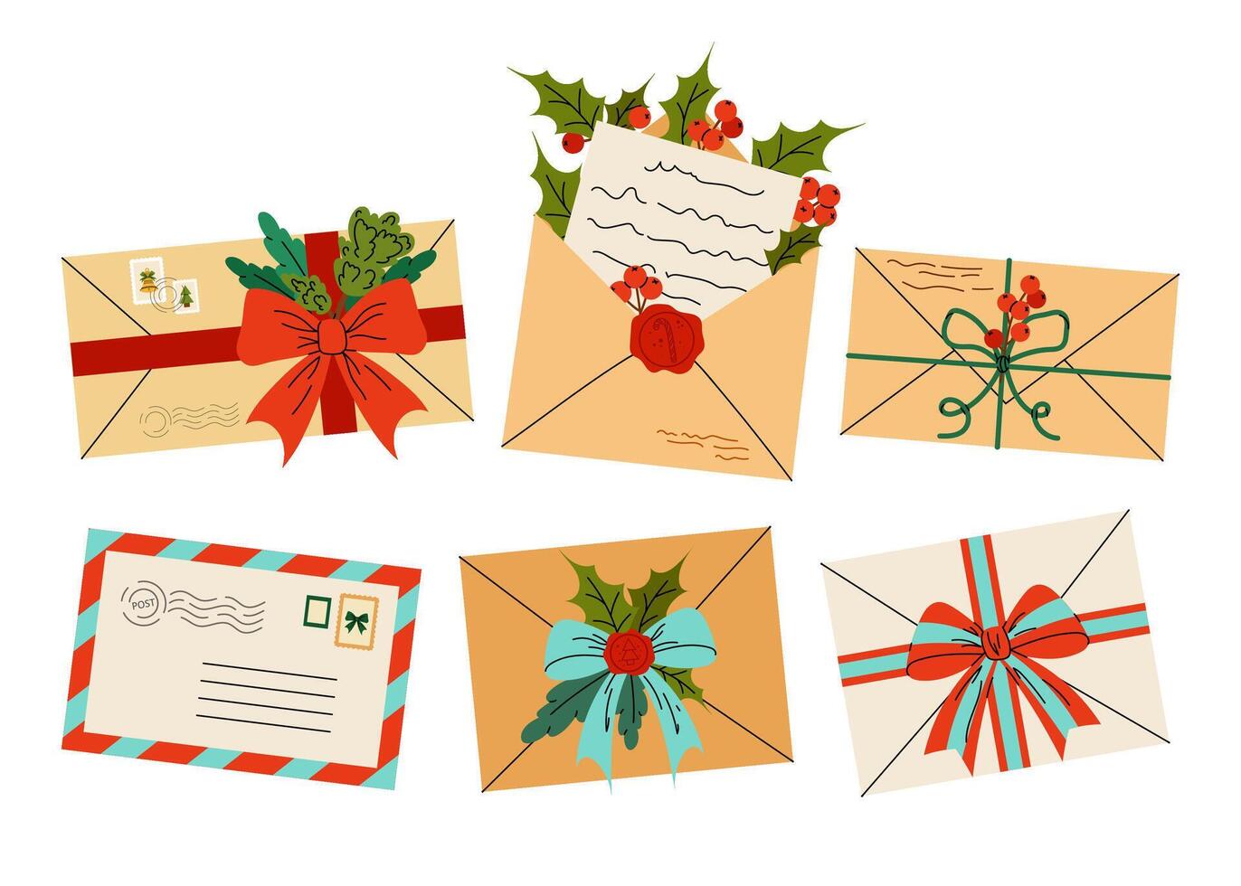 Set of paper envelopes for letters. Post Office. Letters to Santa Claus. Flat illustration on white background. vector