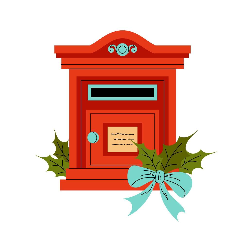 Mailbox. Vintage red coloured metal box for letters and postcards. Blue bow. Winter berry leaves. Flat illustration on white background. vector