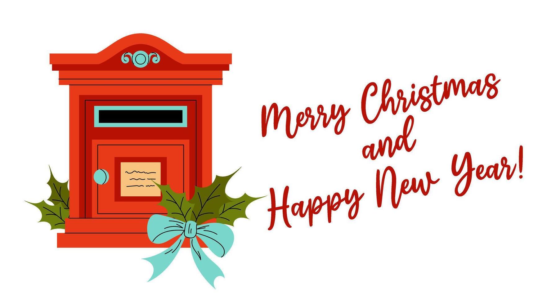 Merry Christmas and Happy New Year. Greeting Banner. Red letterbox. Design for greeting cards. Flat illustration on white background. vector