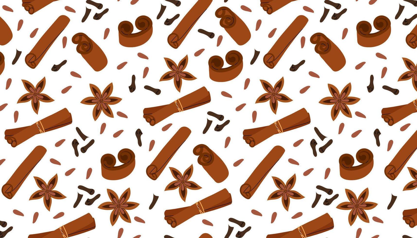 Dried cinnamon, cloves and aniseed. Ingredient for drinks, baking or other cooking. Natural Indian spice. Seamless pattern for textile, wrapping paper, background. vector