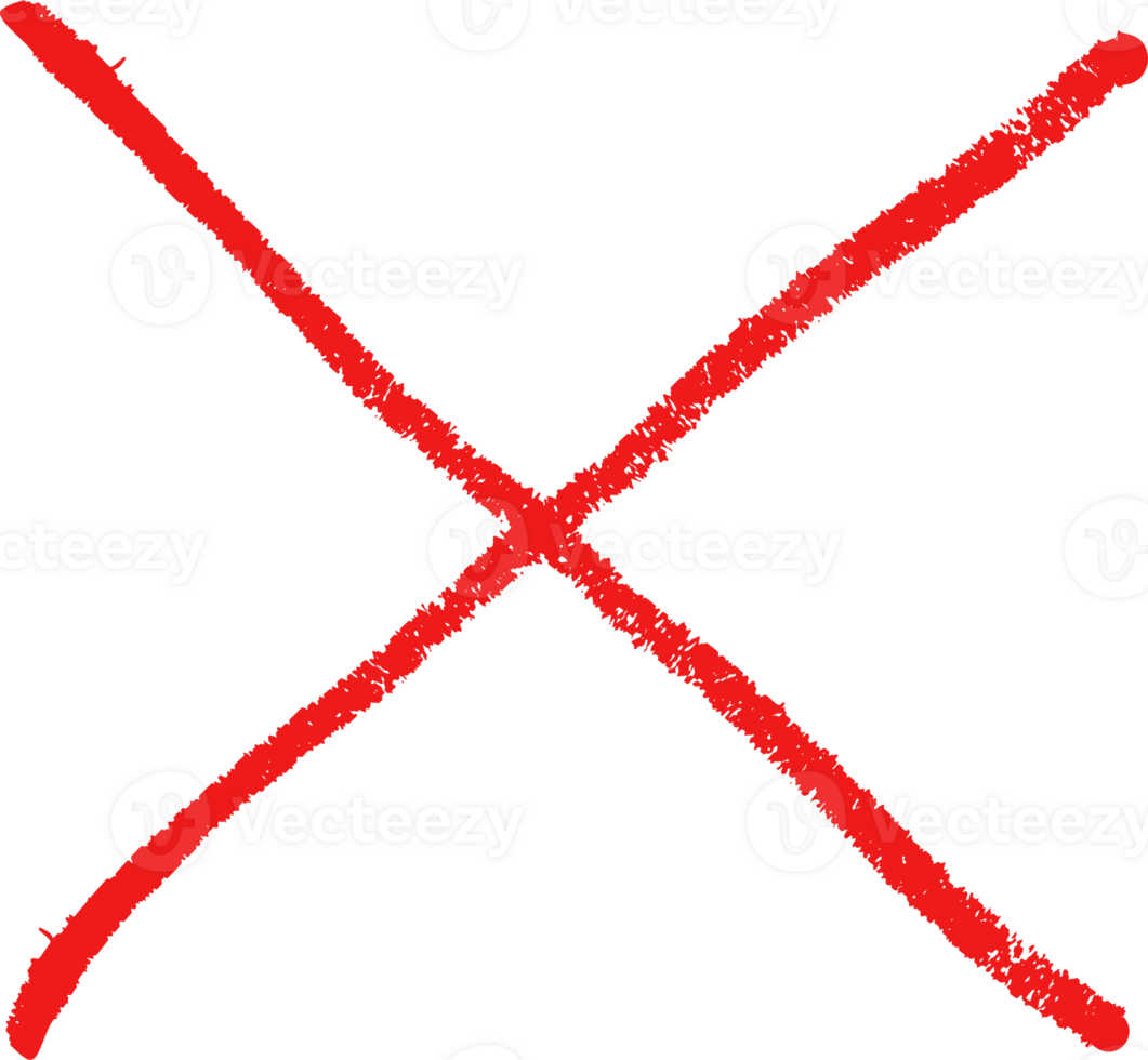 Red cross mark. Paint brushed crayon symbol of check. Hand drawn grunge sign of check, stamp of false and ban. Danger graffiti graphic logo png