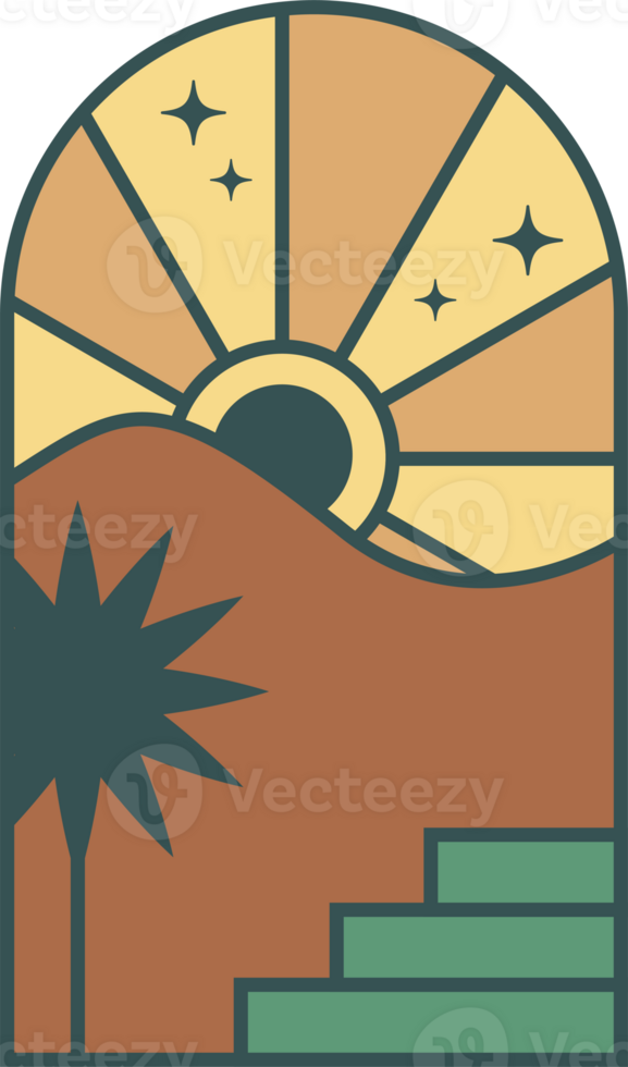 Boho logo with desert mountains and palm tree. Bohemian minimal illustration. Abstract window with nature landscape. Set of arches with oasis hills and sunset. Aesthetic stairs png