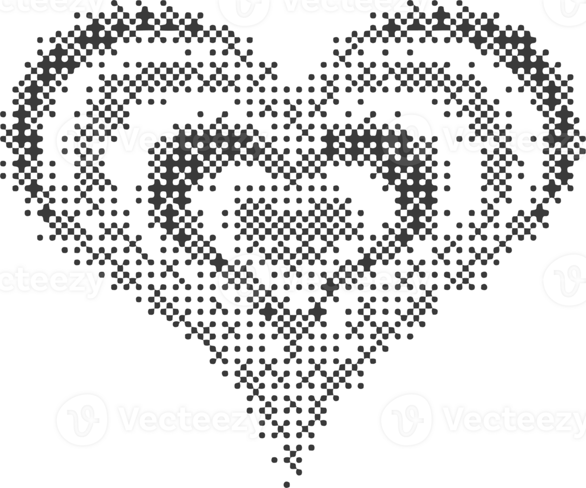Pixel pattern heart. Bitmap dotted texture symbols of love. Retro design element with color gradation. Y2k grainy digits halftone shape. Valentine day grunge figures png