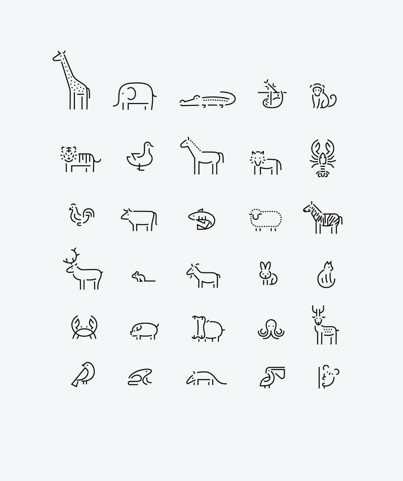 Animals collection giraffe, elephant, crocodile, sloth, tiger, cheetah, bird, horse, lion, lobster, parrot, bull, fish, sheep, zebra, deer, squirrel, goat drawing with black on beige background vector